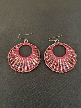 Handcrafted Wine Colored Hoop Drop Earrings with Beaded Accents